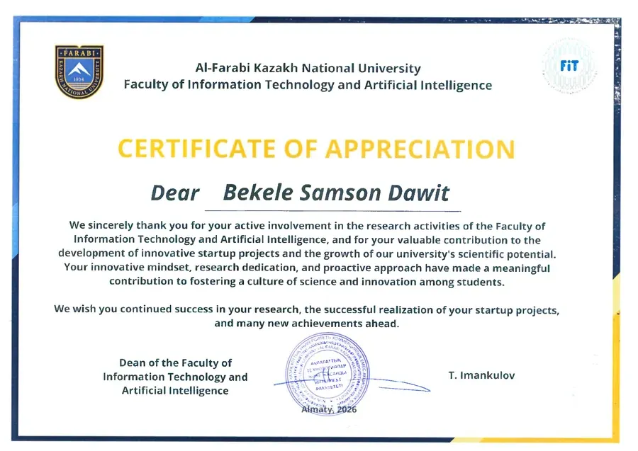 Certificate of appreciation for research and startup projects at KazNU.