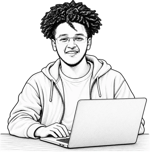 Ink sketch of Samson seated at a laptop, with his hands on the keyboard.